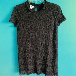 Short Sleeve Black Dress With Floral Lace Overlay